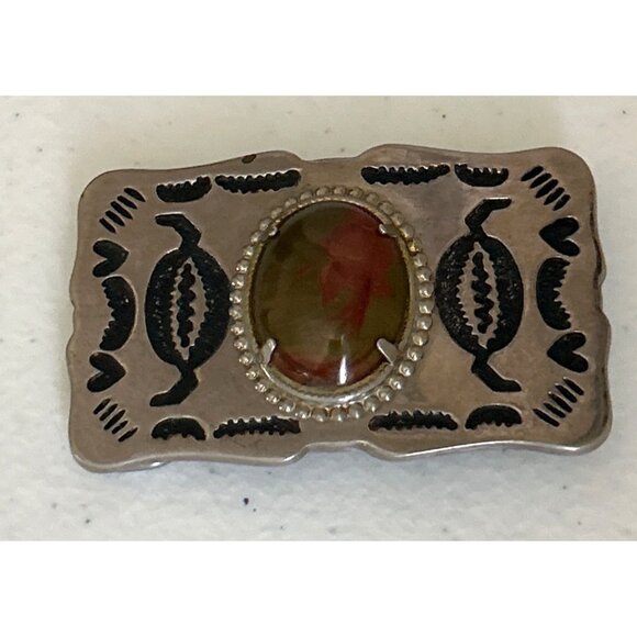 Vintage Silver Belt Buckle With Brown Stone Inlay & Southwestern Design - Picture 1 of 4